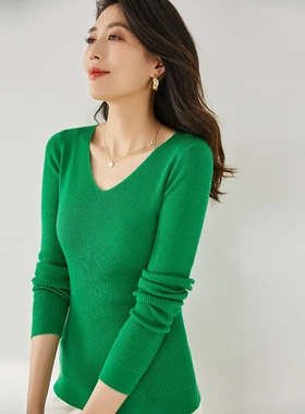 盛宏24秋新V领长袖亮色修身弹力羊毛针织基础打底衫上衣女12990