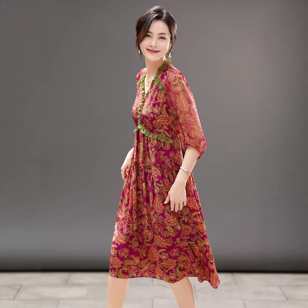 90337 真丝连衣裙2024夏季新品女装拼接花边桑蚕丝连衣裙