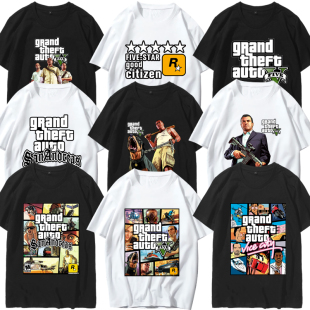 潮流男装 衣服 T恤宽松大码 R星侠盗猎车手GTA5侠盗飞车游戏周边短袖