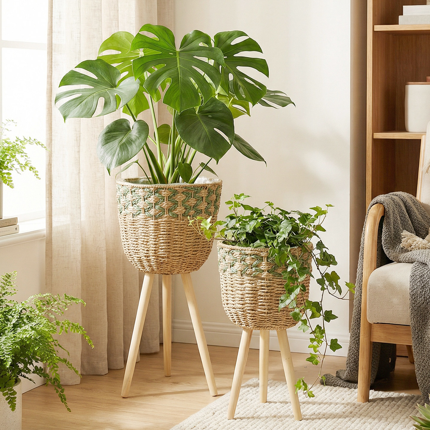 北欧创意草编藤编竹编花篮木质高花架落地式室内客厅装饰绿萝花盆