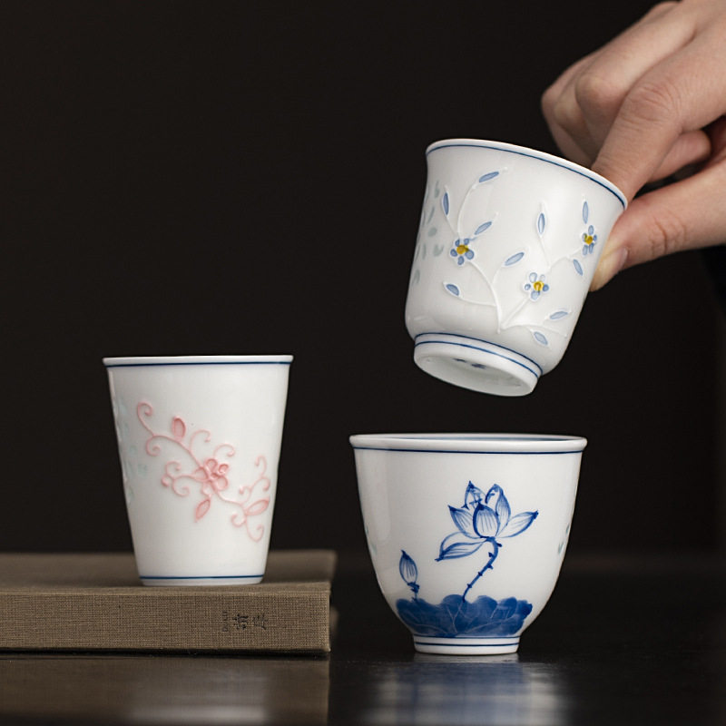 纯手绘堆料玲珑白瓷高足主人杯陶瓷个人杯功夫茶杯喝茶单杯,餐饮具,茶杯,淘宝优惠券,粉丝福利购,淘宝优惠卷