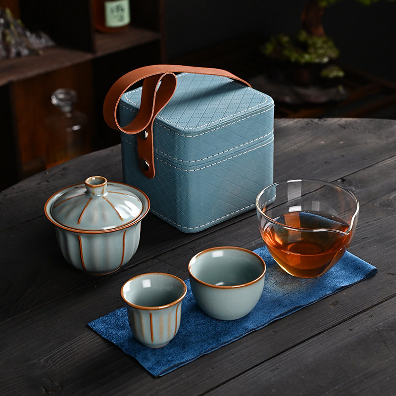 汝窑旅行功夫茶具套装一壶两杯户外出差便携式随身泡茶器伴手礼