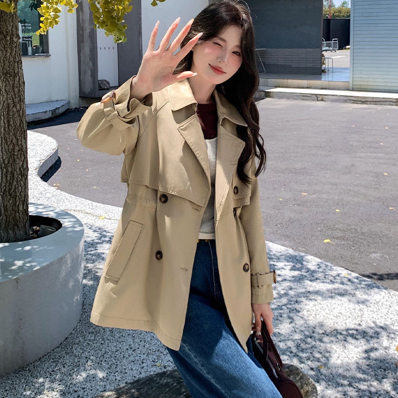英伦双排扣卡其中长风衣女小个子