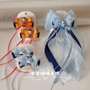 新款儿童哪吒发饰女童敖丙卡通对夹蝴蝶结飘带发夹洛丽塔头饰