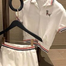 韩系小香风夏新款减龄休闲百搭套装女撞色翻领短袖上衣高腰开衩裙