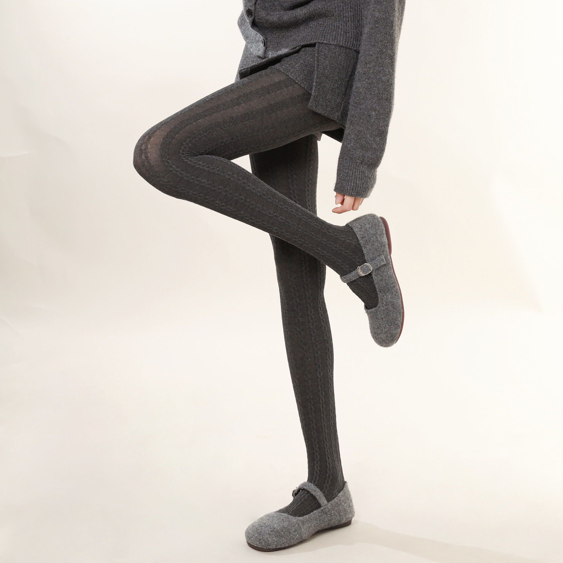 连裤袜春秋薄款miu系提花打底袜麻花竖条纹灰色千金风外穿打底裤