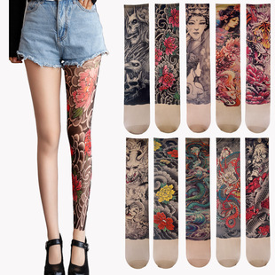 夏季新品花腿丝袜360°刺青印花 彩色纹身男女同款情侣百搭单腿袜