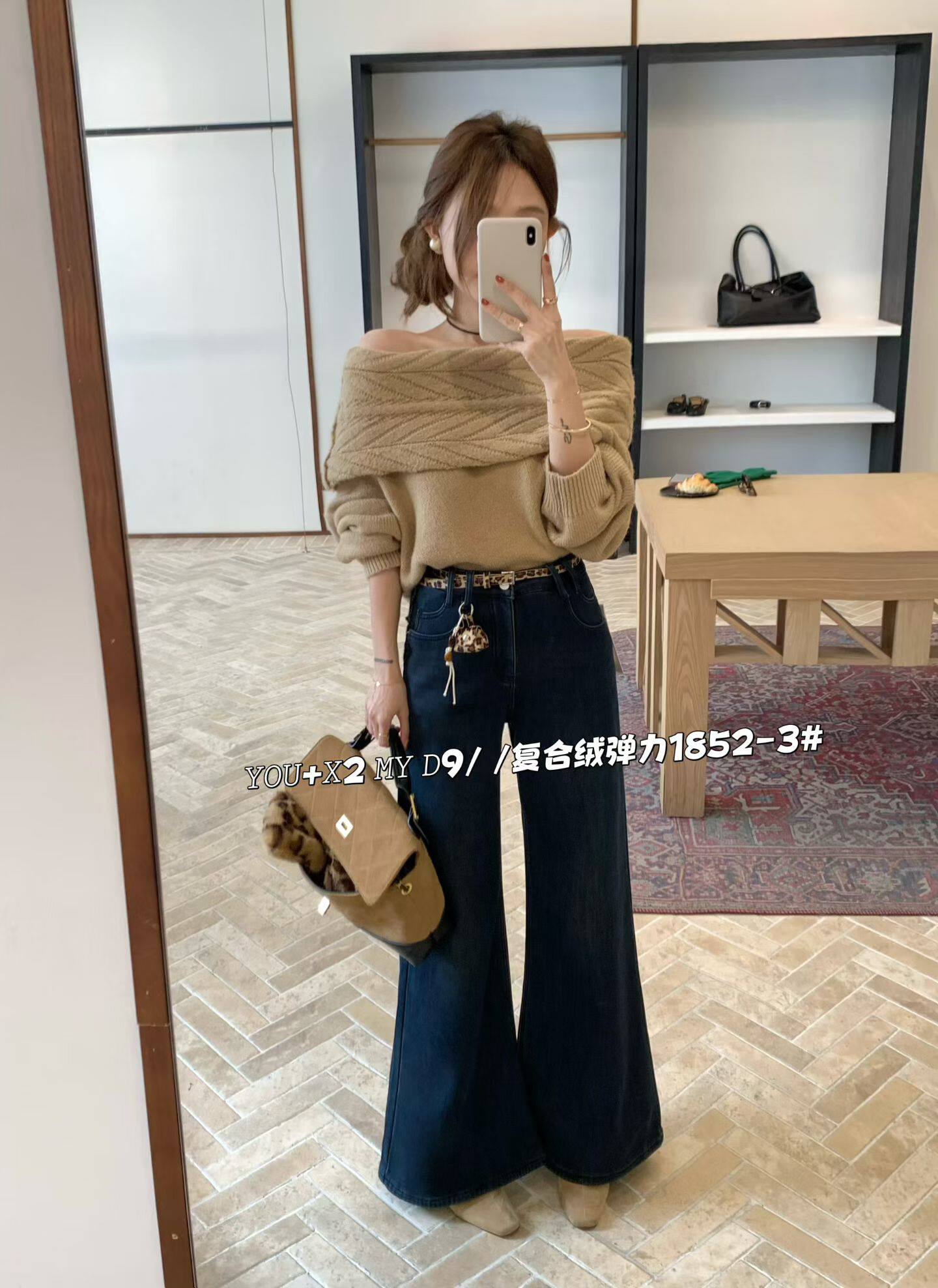 韩版爆款豹纹高腰冬季新品厚绒宽松显瘦直筒阔腿修身微喇叭牛仔裤