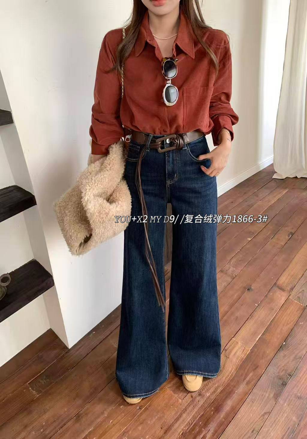 韩版流苏高腰阔腿牛仔裤女2026冬季新款复合绒宽松显瘦直筒微喇裤