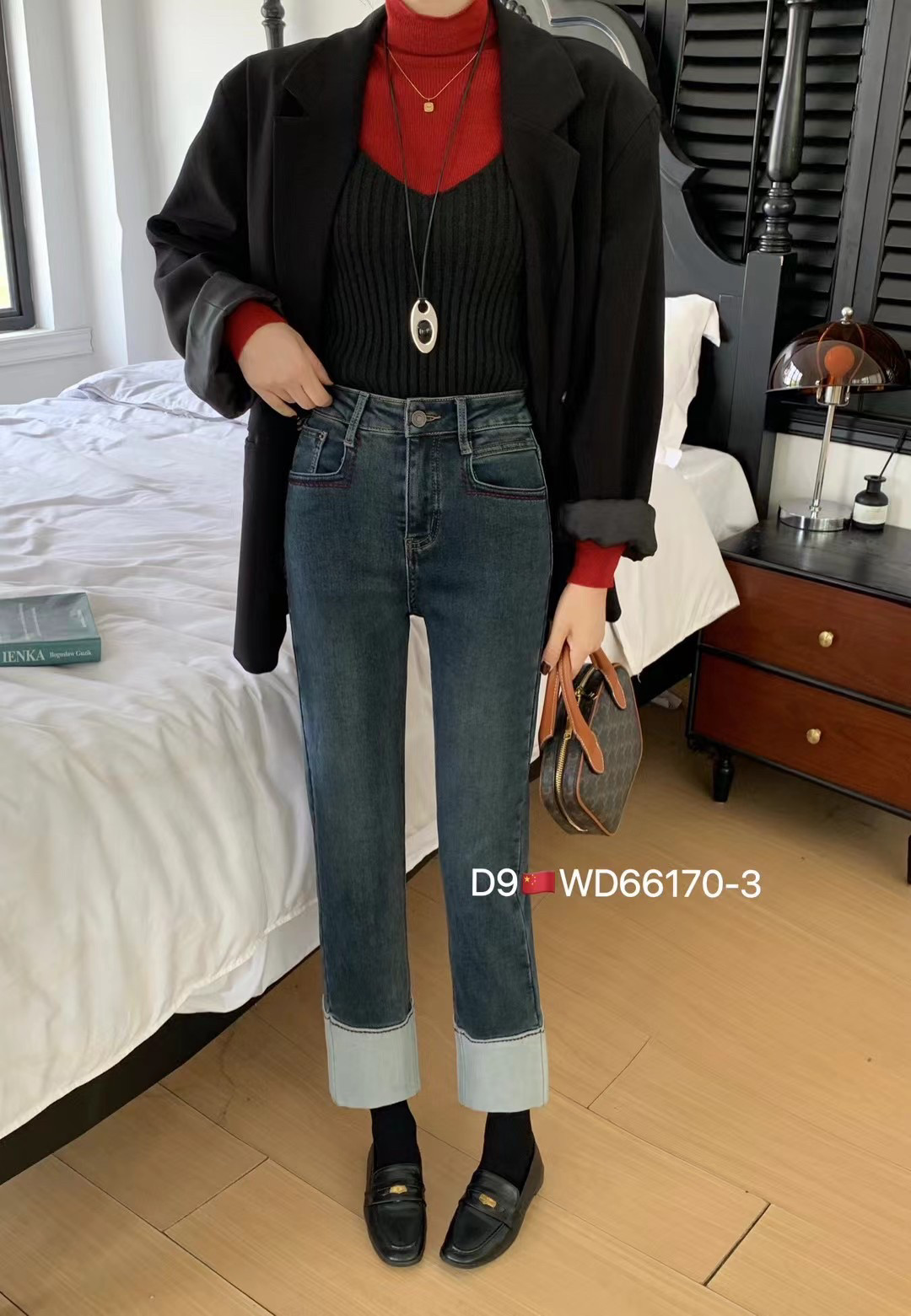 高腰拼接复古加绒宽松牛仔裤女2024秋冬新款韩版九分烟管直筒裤