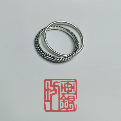 999足银戒指潮外弧内麻花双环固口纯银复古环素圈个性简约
