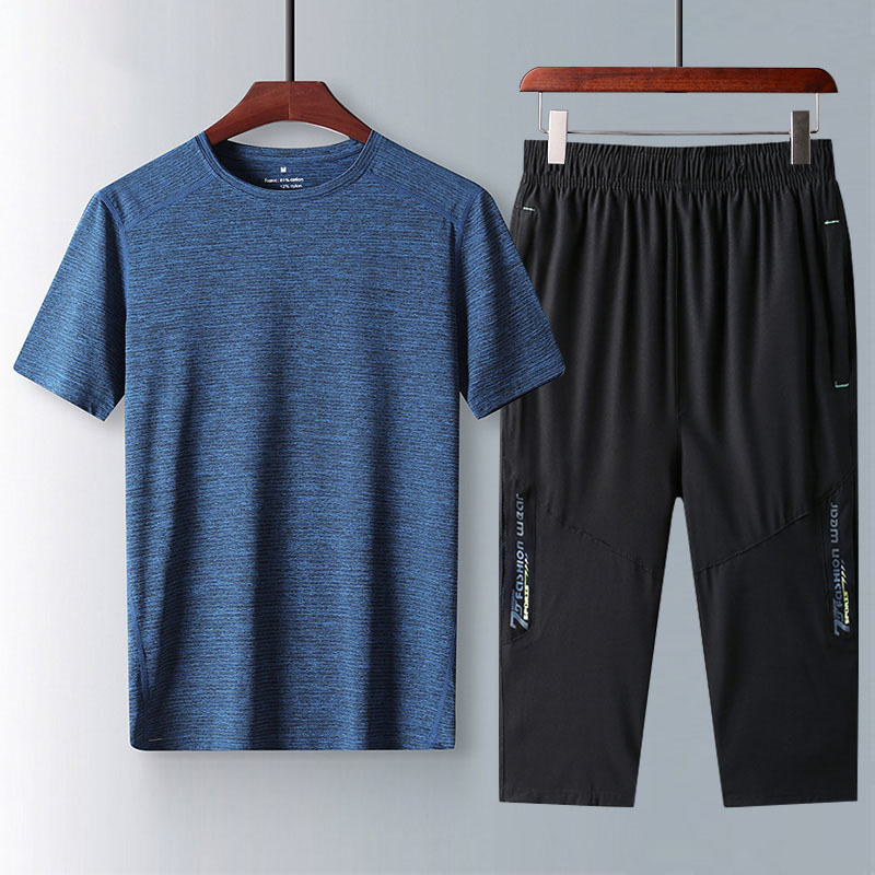 品牌夏季宽松七分裤短袖中老年男士爸爸夏装休闲运动套装两件套