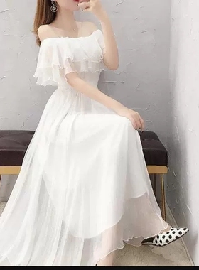 4种穿法2层夏季雪纺白色连衣裙女长裙一字肩公主裙气质收腰显瘦