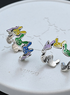 韩版珐琅彩色滴胶小兔子戒指女小众设计感时尚可爱简约个性食指戒