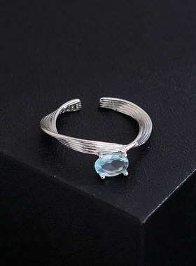 简约小清新蓝色锆石波浪几何条纹戒指女百搭时尚开口莫比乌斯指环