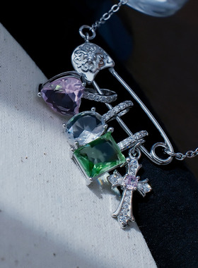 个性欧美闪钻十字架别针镶钻项链