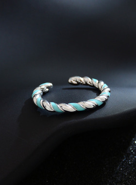 ins风蓝色滴釉麻花戒指小众感莫比乌斯开口指环跨境爆款