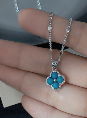韩系仿绿松石四叶草项链女轻奢感小众气质锁骨链幸运花朵配饰