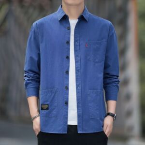 【两件装】纯棉工装长袖衬衫男士春秋季港风休闲全棉衬衣男装外套