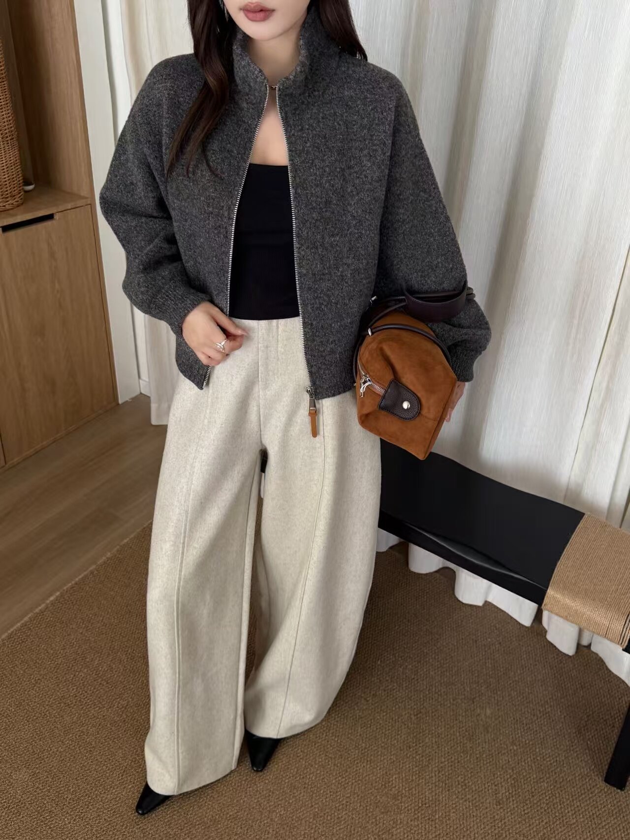 立领拉链羊毛呢小香风外套女2026冬装新款双面毛呢短宽松小个子