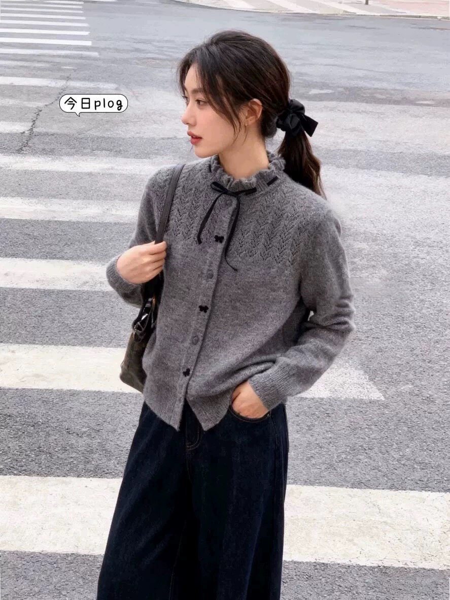 绵羊毛花朵领2025秋冬新款蝴蝶结毛衣打底衫女超好看针织开衫上衣