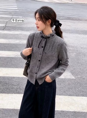 绵羊毛花朵领2025秋冬新款蝴蝶结毛衣打底衫女超好看针织开衫上衣