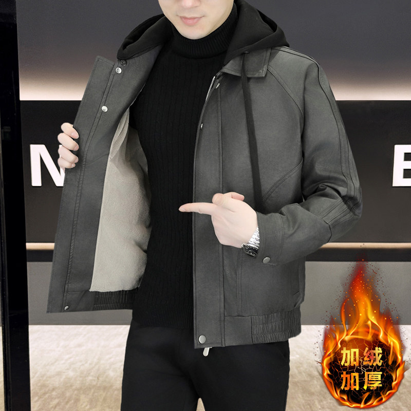 卫衣皮衣外套男款2025新款冬加厚2025新款冬装皮夹克潮连帽带帽子