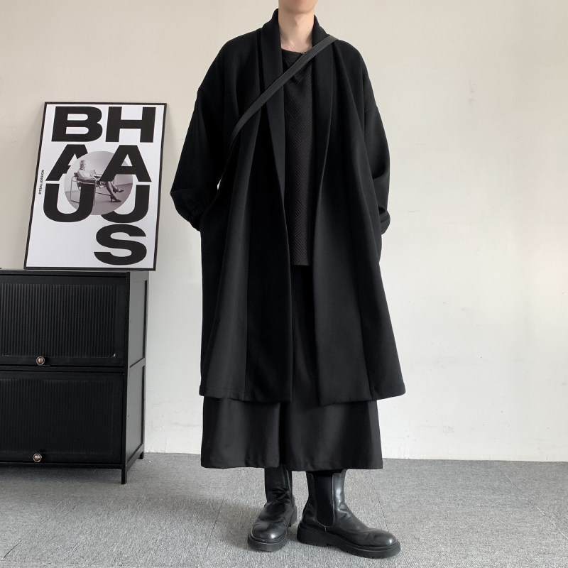 风衣男装新中式中长款外套暗黑中国风加绒加厚大衣高级感黑武士