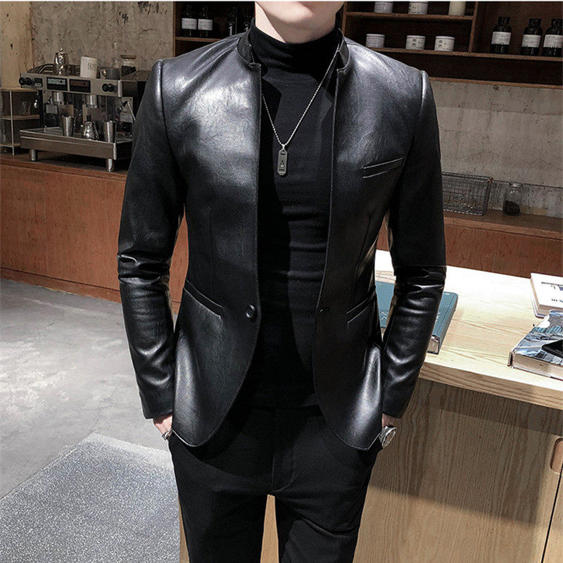 痞帅风皮夹克西装男款皮衣外套小西服修身休闲立领2024新款