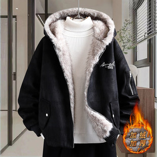 麂皮绒夹克衣服外套男款秋加厚冬装潮流2025新款加绒有连帽带帽子