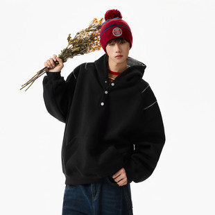 潮流衣服男款卫衣纽扣2026新款春季上衣外套潮牌带帽连帽子