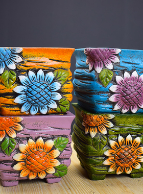 源头工厂向日葵浮雕彩绘多肉花盆大号口白陶手绘肉肉葵大方形花盆