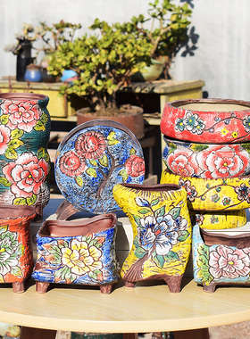 特价大号韩式手绘多肉花盆粗陶透气彩绘延熹盆个性老桩肉肉盆器