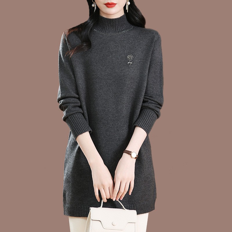 中年妈妈羊毛衫女中长款冬季洋气打底衫宽松大码半高领加厚毛衣裙