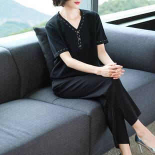 女大码 妈妈夏装 洋气中老年运动套装 t恤2025新款 中年冰丝上衣 短袖