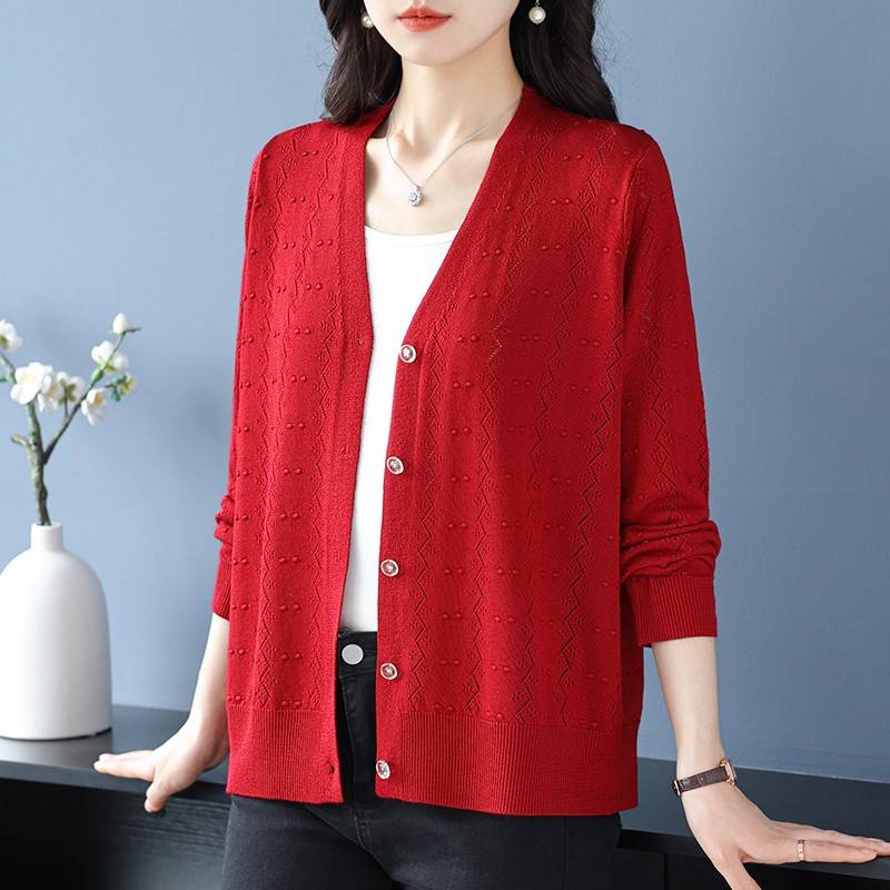 中年妈妈夏装冰丝针织开衫镂空外搭上衣女宽松大码防晒长袖薄外套