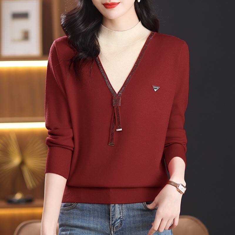 早秋假两件上衣红色毛衣女秋装2025年新款时尚洋气妈妈针织打底衫