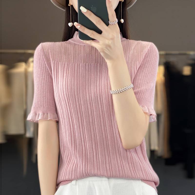 大码夏装女胖mm冰丝针织衫女士短袖t恤遮肚子巨显瘦蕾丝半袖上衣
