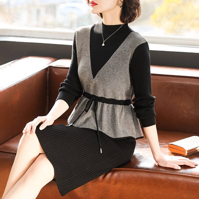 中年妈妈秋冬洋气连衣裙中长款毛衣中老年女冬装气质羊毛打底裙子