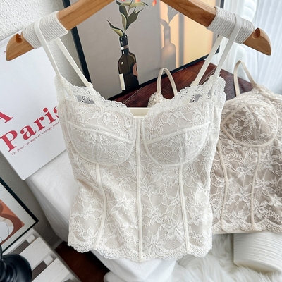 纯欲风性感吊带背心女法式蕾丝带胸垫内衣轻奢一体式外穿打底上衣