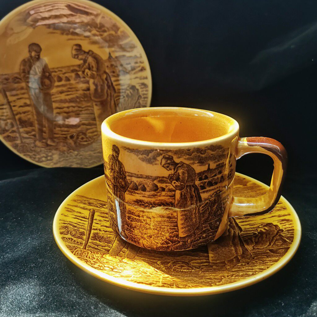 日本中古焦糖色咖啡杯 西洋古典塞维利亚画风咖啡杯 红茶杯琥珀色