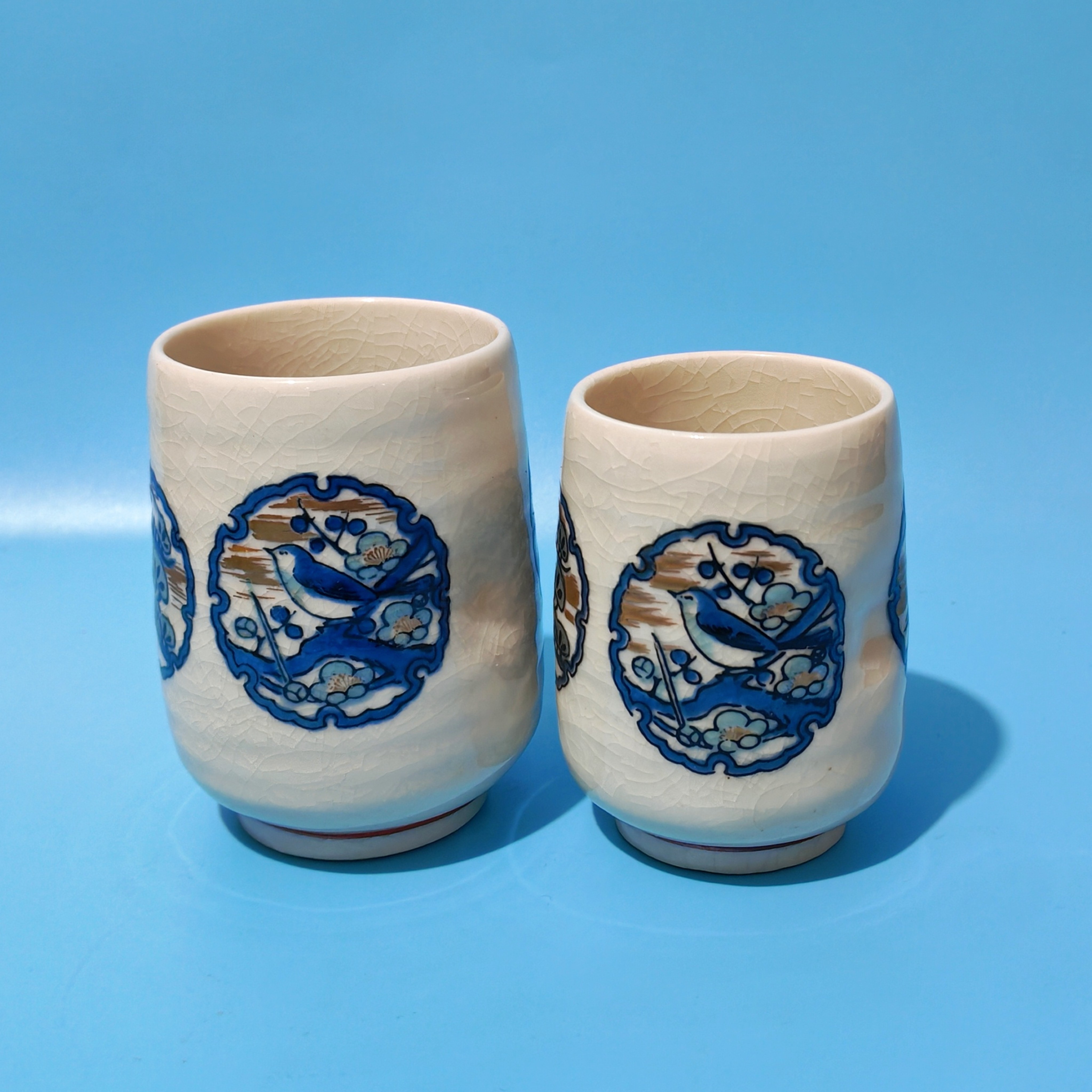 日本制九谷烧手绘茶杯夫妻汤吞杯中古手握杯昭和时期情侣杯子复古