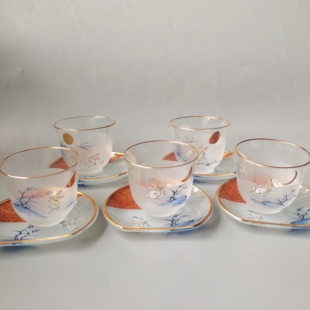 日本中古磨砂玻璃杯月野兔印花甜品碟玻璃盘子兔子茶杯鸟兽戏杯