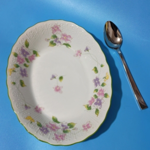 日本中古浮雕餐盘鱼盘复古花朵深盘西餐盘昭和小清新盘子全新送勺