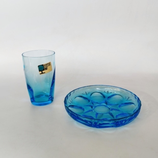 日本制中古玻璃杯浮雕玻璃盘子甜品盘昭和果汁杯蓝色水杯茶盘复古