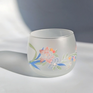 日本中古印花冷茶杯昭和复古水杯日式磨砂花卉玻璃啤酒果汁杯雾面