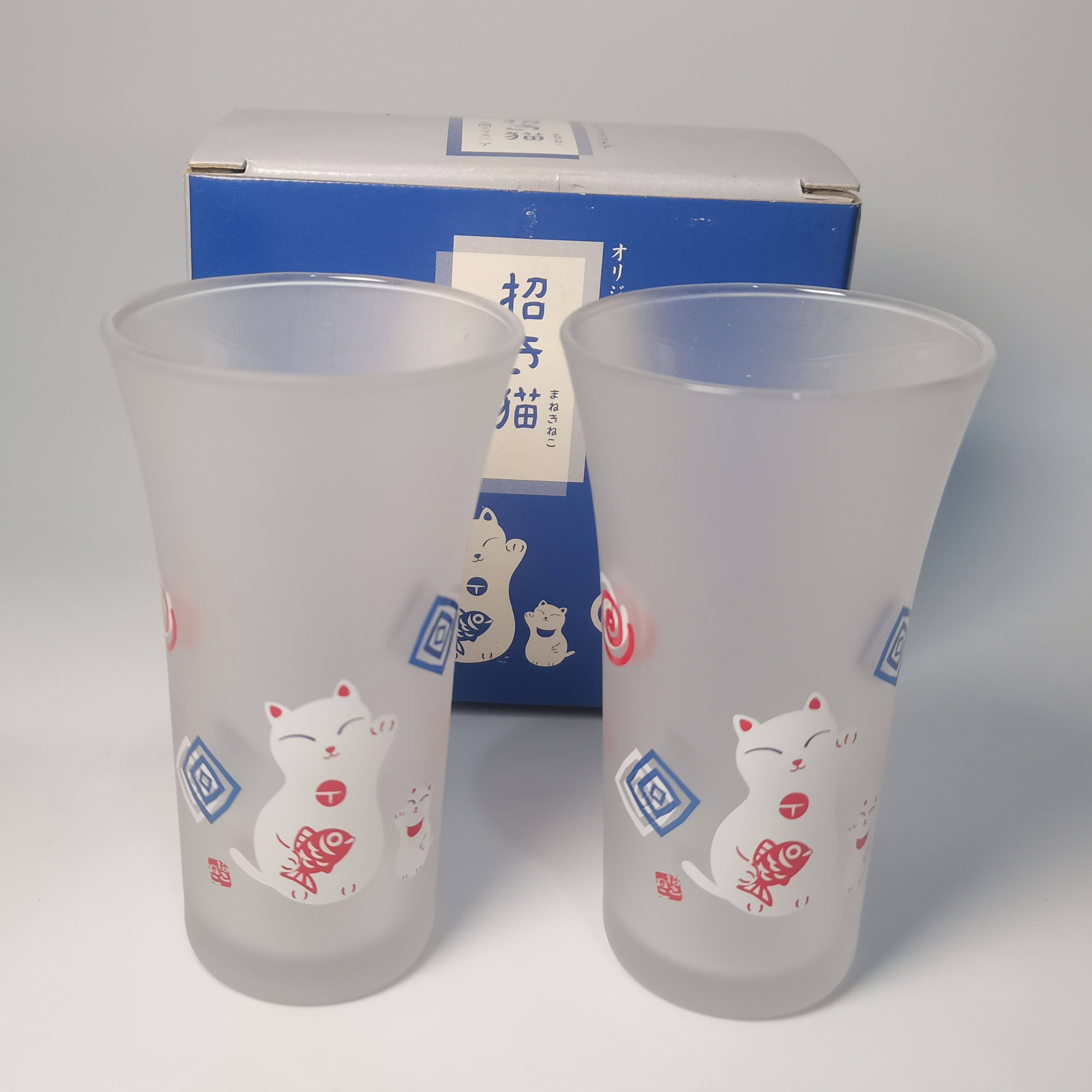 日本进口招财猫磨砂玻璃杯闻香杯冷茶杯中古品卡通汽水杯酒杯日式
