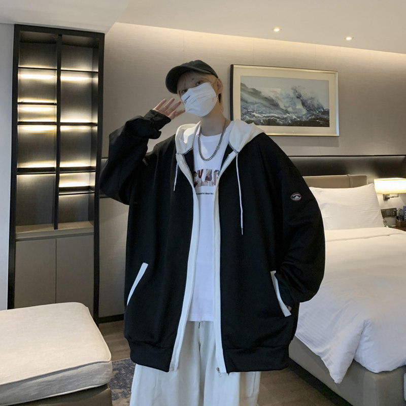 INS 가짜 투피스 카디건 스웨트 셔츠 남성용 홍콩 스타일 봄 가을 루즈 후드 탑 다용도 트렌디 브랜드 스포츠 자켓