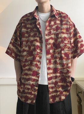 夏款港风沙滩短袖花衬衫男夏季薄款冰丝衬衫潮流垂感宽松情0305d