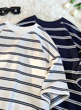 夏款条纹短袖T恤男夏季日系港风宽松袖潮牌百搭学情侣上衣0305d